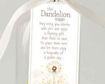 May include: A clear glass vase tied with a white ribbon, holding yellow dandelions and a tag that reads "the Dandelion vase". The tag has a poem about dandelions. A simple, elegant floral arrangement.