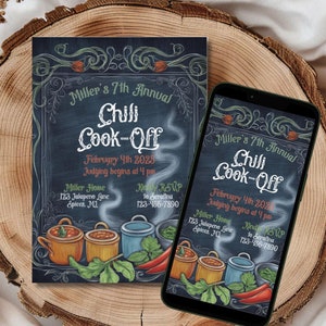 Puede incluir: Una invitación estilo pizarra para un concurso de chili. La invitación está decorada con chiles, cebollas verdes y una olla de chili. El texto de la invitación dice "Miller's 7th Annual Chili Cook-Off, February 4th 2025, Judging begins at 4 pm, Miller Home, 123 Jalapeno Lane, Spices, MI, RSVP to Serafina, 123-456-7890".