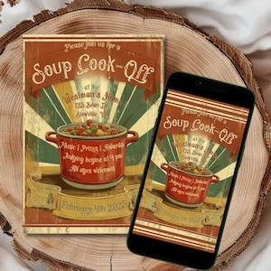 May include: A vintage-style invitation to a soup cook-off. The invitation features a red pot of soup with vegetables, a green and brown background, and the text "Soup Cook-Off" in a retro font. The event is scheduled for 4th February 2025, at the Westman's Home, 123 Bean Drive, Slewille.