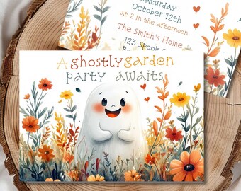 Halloween Garden Party Invitation: Ghost and Flowers (Editable Template)
