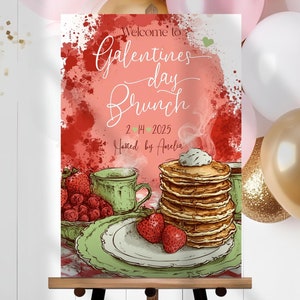 Modello modificabile per cartello di benvenuto per il brunch del Galentine's Day / Design rustico / Tazza da tè vintage / Acquerello rosa rosso verde / Decorazione di San Valentino /
