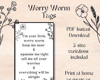 Étiquette imprimable Worry Worm | Téléchargement instantané PDF | Étiquette de ver d'anxiété au crochet | 3 tailles différentes | Fleur noire | Étiquettes pour exposition d'artisanat