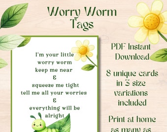 Étiquette imprimable Worry Worm | Téléchargement instantané PDF | Étiquette de ver d'anxiété au crochet | 3 tailles différentes | Étiquette d'artisanat fait maison