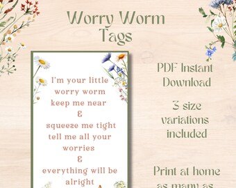 Étiquette imprimable Worry Worm | Téléchargement instantané PDF | Étiquette de ver d'anxiété au crochet | 3 tailles différentes | Fleurs sauvages | Étiquettes pour exposition d'artisanat