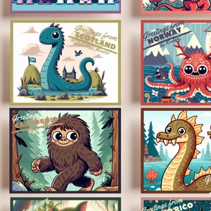Cryptid Creatures druckbare Postkarten | Set mit 16 Postkarten | Folklore-Legenden | Kraken, Loch Ness Monster | Legendäre Monster |