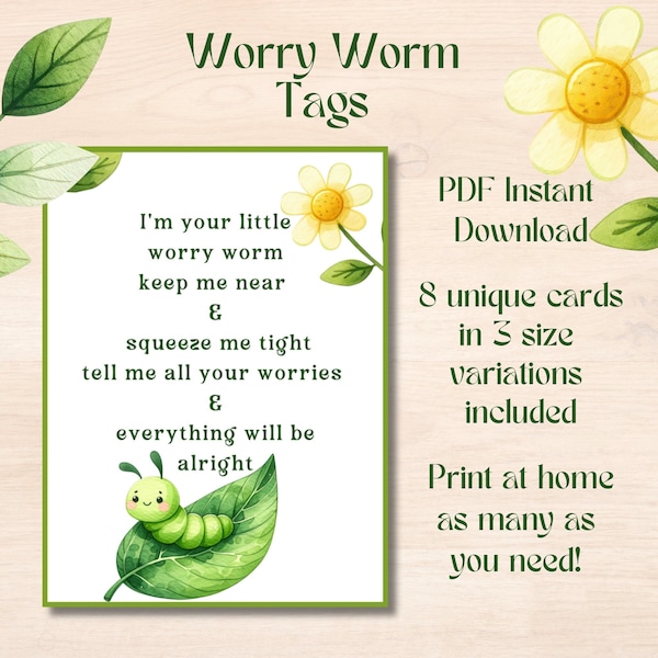 Worry Worm Printable Tag | Instant Download PDF | Crochet Anxiety Worm Label | 3 Size Variations | Homemade Craft Tag