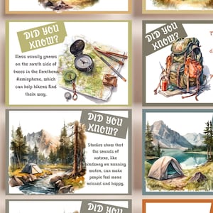 May include: Four watercolor illustrations with the text "Did you know?" and fun facts about nature. The first image shows a compass and map, the second shows a backpack, the third shows a tent in a forest, and the fourth shows a tent by a lake.