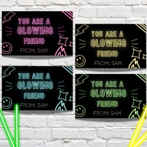 Tarjetas de San Valentín con barra luminosa "Eres un amigo resplandeciente" / Diseño imprimible en negro y neón / Plantilla editable / San Valentín para el aula
