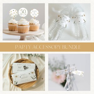 May include: A party accessory bundle for a 50th anniversary celebration. The bundle includes cupcake toppers, water bottle labels, chocolate bar wrappers, and straw flags. The design features white daisies and gold accents with the text "John & Ruth's 50th Anniversary".
