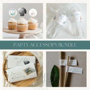May include: A party accessory bundle featuring a set of cupcake toppers with travel-themed designs, a set of water bottle labels with a travel theme and the text "Alan & Rose's 30th Anniversary", and a set of straw flags with the text "Love is a Journey".