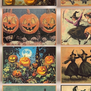Cartões postais vintage para impressão de Halloween | Download digital instantâneo | Cartões de feliz dia das bruxas | Ephemera digital | Cartão de felicitações de Samhain | Retro