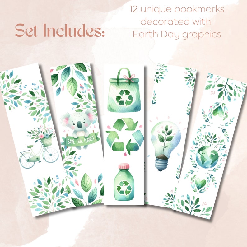 Earth Day Printable Bookmarks Printable Book mark Set of 12 Instant Download PDF Earth Day Activity Gift Idea Bookmarks for Kids image 1