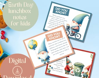 Earth Day Lunchbox Notes for Kids | Earth Day Facts | Science Facts for kids | 16 Unique Cards | Earth Day activity | Gnome themed