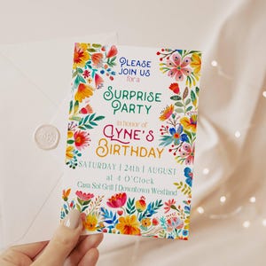 May include: A colorful floral invitation for a surprise birthday party. The invitation features a floral design with a white background and text that reads "Please join us for a surprise party in honor of Cyne's birthday. Saturday, 24th August at 4 o'clock. Casa Sol Grill | Downtown Westland."