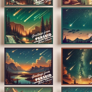 Peut inclure: Un ensemble de six cartes postales de style vintage représentant un ciel nocturne avec des étoiles filantes et un paysage montagneux. Les cartes postales portent le texte "Greetings from Perseid Meteor Shower".