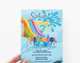 Preschool Graduation Invitation | Water Slide Pool Party Invite | Pint & Mobile | Editable Template | Summer Splash | Digital Download