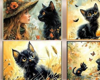 Black Cats Halloween Printable Postcards | Set of 16 Postcards | Adorable Cute Halloween | Cats and Kittens | Greeting Card | Decoration