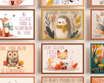 Puede incluir: Una colección de impresiones artísticas enmarcadas con adorables ilustraciones de animales del bosque. Cada impresión tiene un diseño único con frases alentadoras como "¡Sé inteligente, amable y confiado!" y "¡Luce genial hoy!". La paleta de colores incluye tonos cálidos de otoño.
