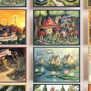 Tiny Villages Printable Postcard Set | Whimsical Fantasy Towns | Illustrated Postcards | Cozy Cottagecore Stationery Pack | Instant Download