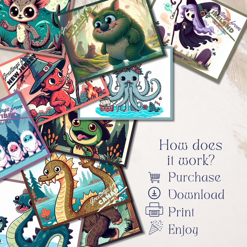 Cryptid Postcard Set | Bigfoot Loch Ness Kraken | Folklore Monster ...