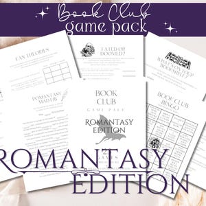 Op de afbeelding: Een verzameling witte papieren spelvellen voor een boekenclub, met titels als "Fan Theories" en "Book Club Bingo". Het centrale vel leest "Book Club Game Pack Romantasy Edition" met een drakenafbeelding. Het thema is voor boekenliefhebbers.