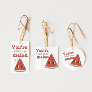 Può includere: Tre etichette regalo con un'illustrazione di anguria e il testo "You're one in a melon" su ciascuna. Le etichette sono bianche con uno spago marrone attaccato.