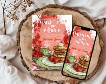 Galentine’s Day Brunch Invitation Template | Rustic Watercolor Design | Vintage Teacups Strawberries | Printable & Mobile Invite
