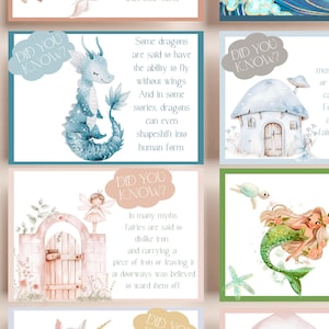 May include: A set of six illustrated cards with the text "Did you know?" and fun facts about mythical creatures. The cards feature a blue dragon, a fairy, a house, a mermaid, a unicorn, and a turtle.