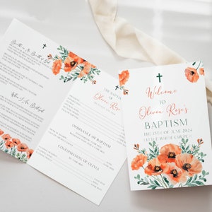 May include: A baptism invitation with a watercolor design of orange poppies and green leaves. The text reads "Welcome to Olivia Rose's Baptism, The 15th of June 2024, Little White Church."