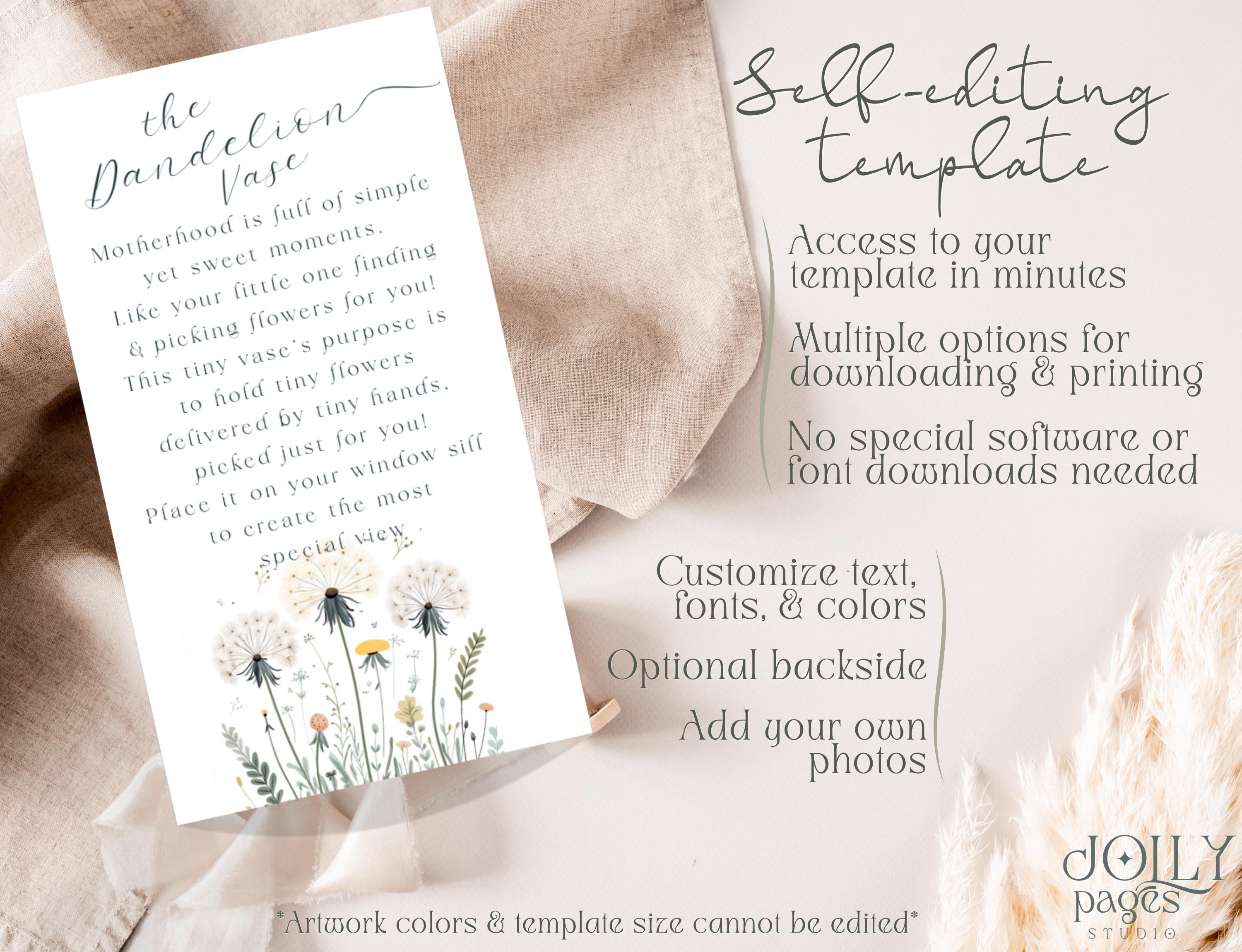 Editable Dandelion Vase Tag Template: Wildflower Bouquet Gift (PDF ...