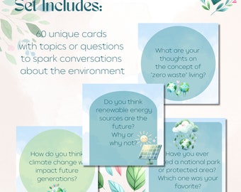 May include: A set of 60 conversation cards with a blue background and green watercolor leaves. The cards feature questions about the environment, such as "How do you think climate change will impact future generations?" and "What are your thoughts on the concept of 'zero waste' living?"