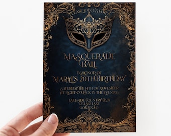 Blue and Gold Masquerade Party Invitation: Elegant Mask Ball (Editable Template)