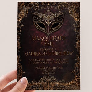 Maskerade Party Einladung bearbeitbare Vorlage | Burgunderrot und Gold | Elegante Ballmaske | Maskenparty | Karneval | Geburtstag einladen |