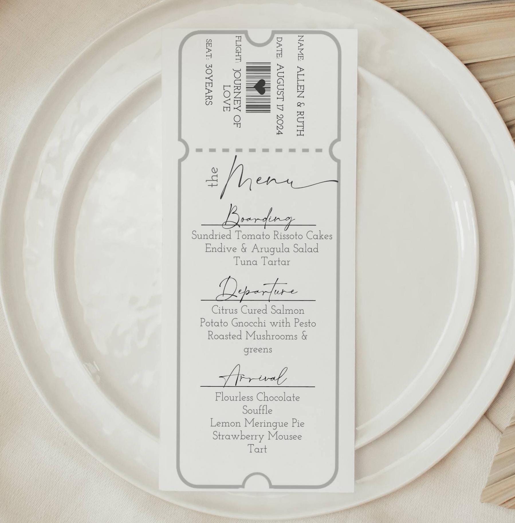 Boarding Pass Menu Card Set: Travel Anniversary Party (Editable Printable Templates)
