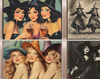 Sassy Witches Halloween Postcards: Vintage-Inspired Printable Set (Digital Download)