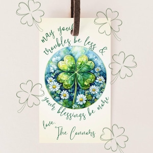 Cadeau de bénédiction de la Saint-Patrick | Voeux irlandais à imprimer | Faveur modifiable de la Saint-Paddy | trèfle à quatre feuilles aquarelle | Trèfle porte-bonheur