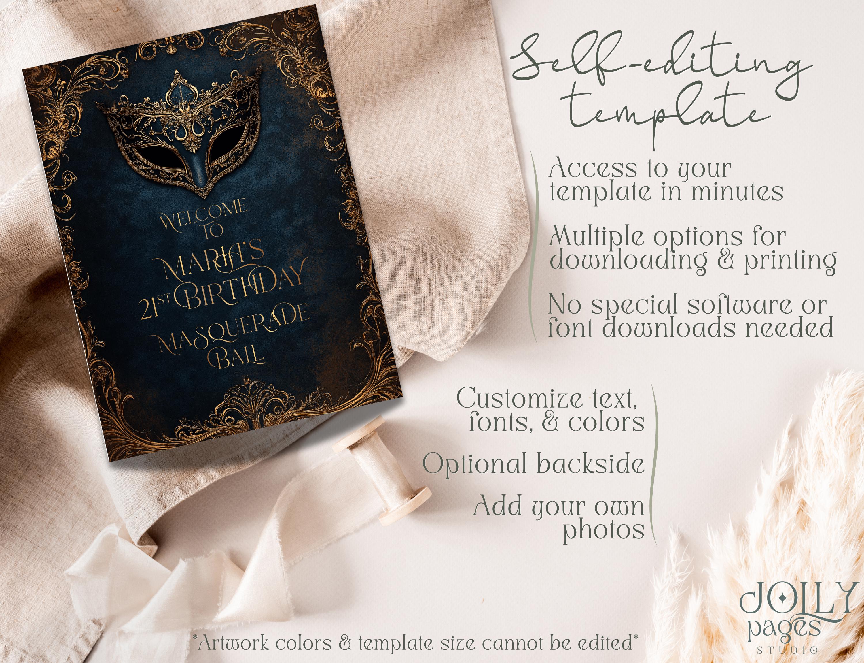 Editable Masquerade Ball Welcome Sign: Navy Blue & Gold (digital ...
