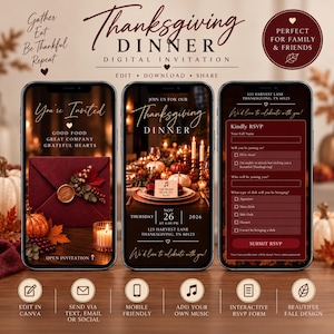 May include: Three smartphones displaying a digital Thanksgiving dinner invitation template. The screens show a dark red envelope with a wax seal, a table setting with candles, and an interactive RSVP form with fields for names and dish selection.