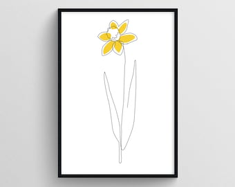 Pode incluir: Um desenho de linha de um narciso amarelo com um único caule e duas folhas.