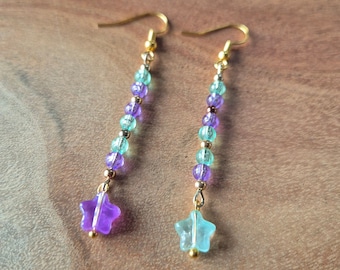 Boucles d'oreilles étoiles violettes et vertes, boucles d'oreilles pour femme, cadeaux pour elle, bijoux de printemps, bijoux célestes