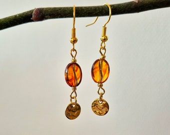 Beautiful Coffee Bean Earrings, Coffee Earrings, Amber and Gold Jewelry, Mother's Day Gifts, Gifts for Her, Gifts for Coffee Lovers
