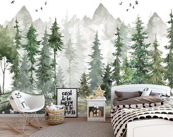 Papier peint autocollant Montagne et arbres - Art mural autoadhésif pour chambre d'enfant - Papier peint pour enfants - Sticker forêt chambre d'enfant montagne