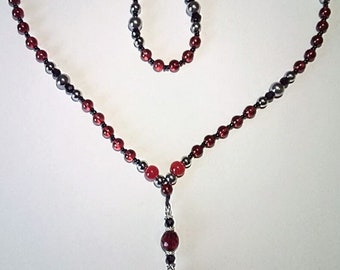 27" Red Black & Silver Handmade Beaded Heart Pendant Rosary Necklace