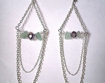 Natural Aventurine Purple Crystal Chandelier with Silver Chain Earrings