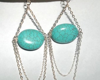 Natural Turquoise Chandelier With Silver Chains Earrings