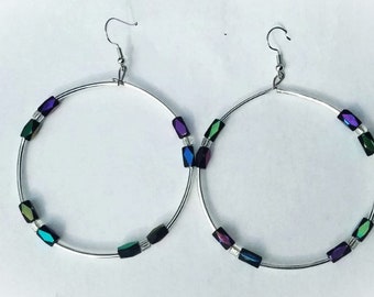 65mm Purple Iris Handmade Beaded Glass Silver Wire Hoop Earrings
