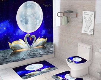4pc Full Moon Swan Lake Lovers Blue Black Shower Curtain & Rugs Set