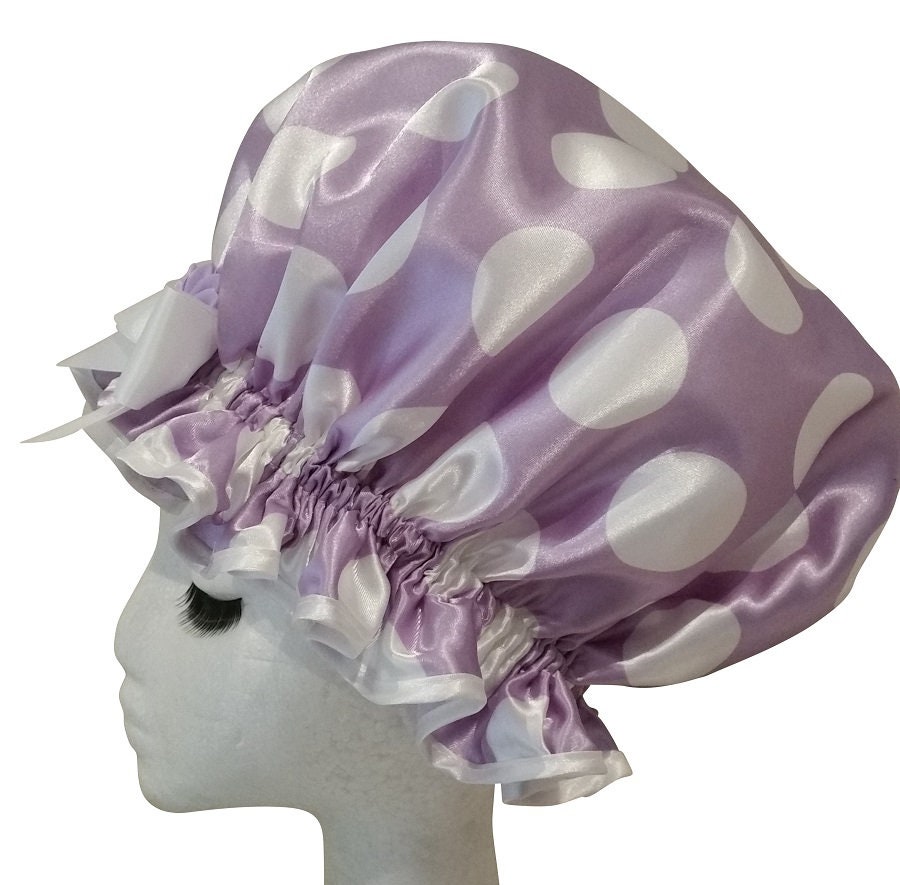 Lilac XL Shower Cap Large Polka Dots  - Big Dot Lilac for Extra Long, Thick Hair or Dreadlocks