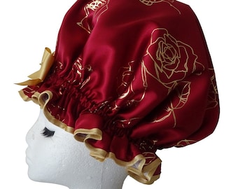 XL Burgundy w/Gold Roses Shower Cap - BLOOM BURGUNDY