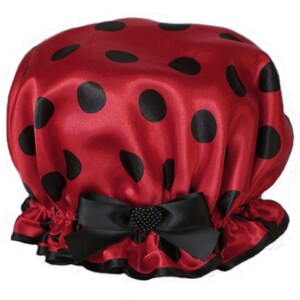 Girls  Red and Black Polka Dot Shower Cap - Love Bug Ladybug Print (Suits Ages 3-10yrs)